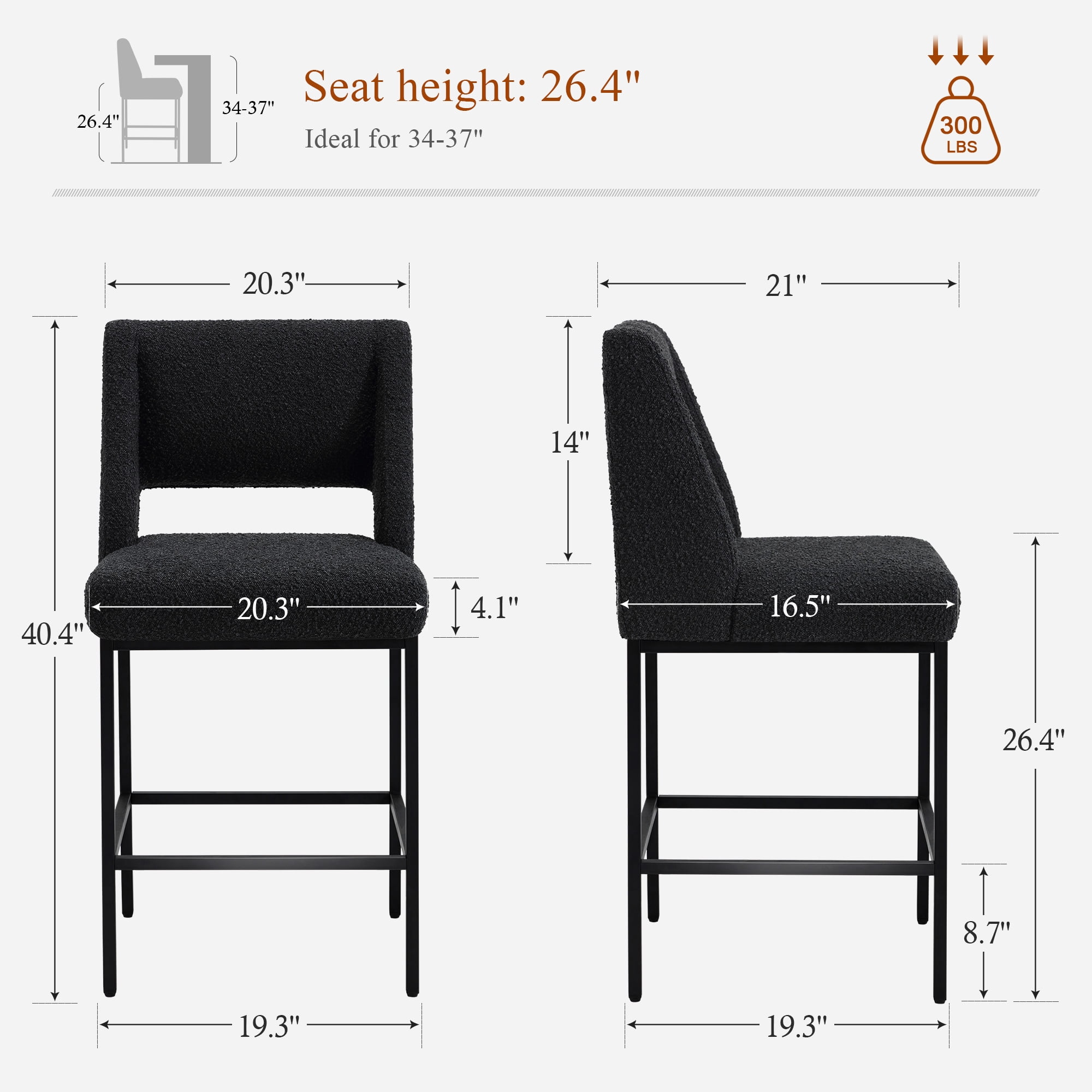 Zesthouse 26.4" Modern Counter Stools Set of 4, Boucle Fabric Bar Stools with Back and Metal Legs, Extra Thick Upholstered Counter Height Chairs for Kitchen Island, Black