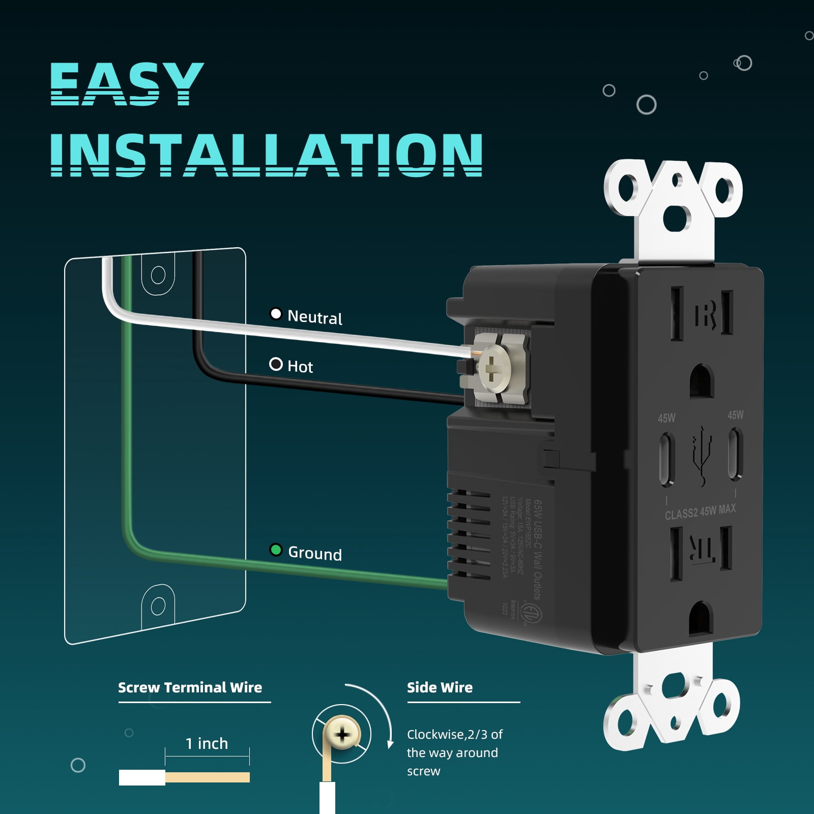 TOPELER PD USB Wall Outlet, 45w Fast Speed 2 Type-C Ports Charger Receptacles, 15A TR Receptacle, Screwless Wall Plate Included, ETL Listed & FCC Approval