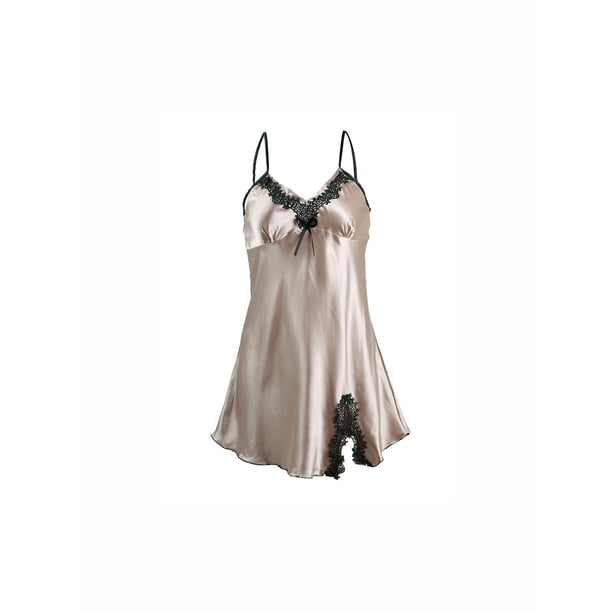 INSPIRAR CHIC Mujeres Satén V Cuello Floral Encaje Trim Ropa de Dormir Noche Gown Pijama Deslizamiento Vestido Champán-floral L
