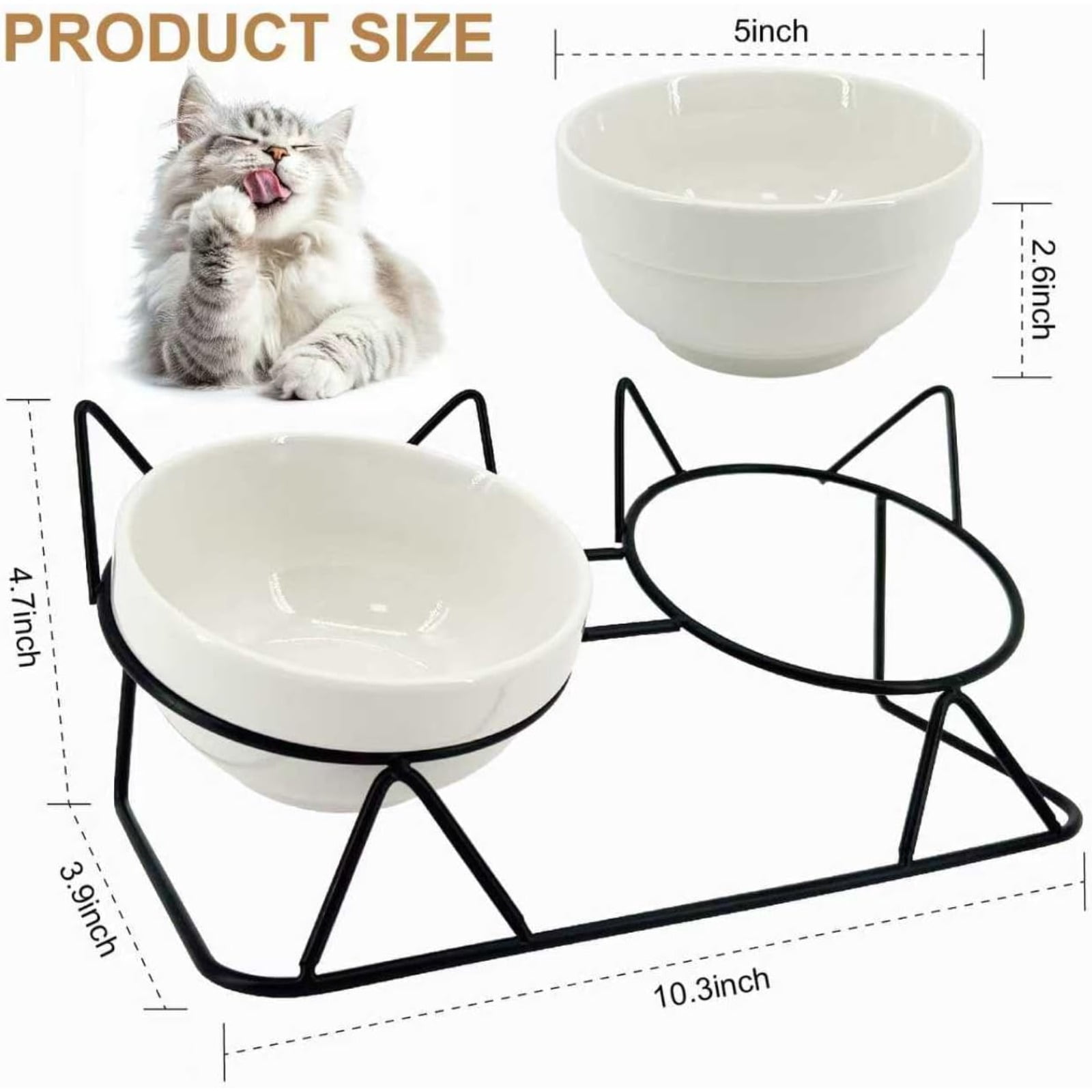 15° Raised Ceramic Cat Bowls, Anti-Vomiting Tilted Double Bowls with Absorbent Waterproof Pet Feeding Mat