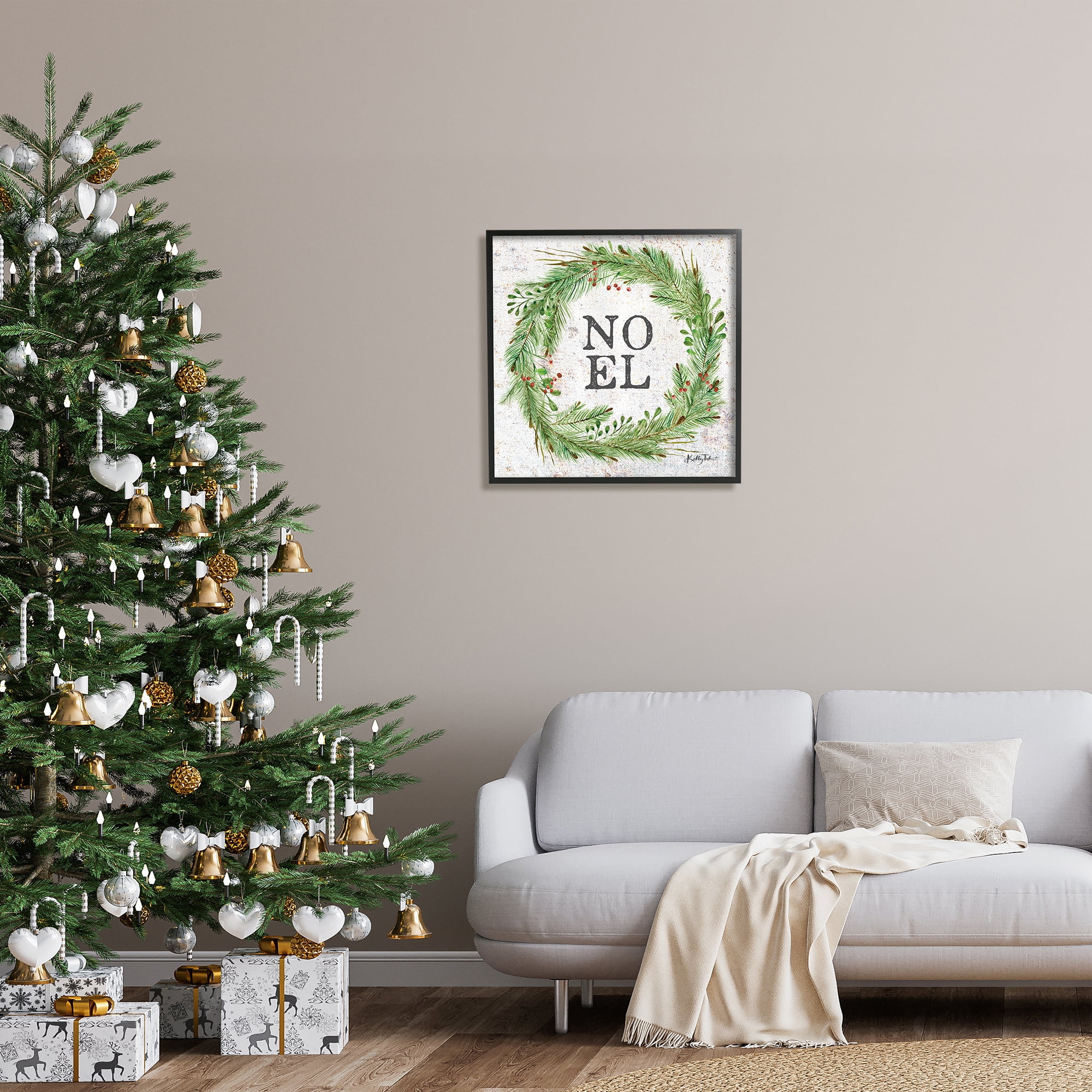 Stupell Industries Noel Seasonal Wreath Holiday Painting Black Framed Art Print Wall Art, 24 x 24