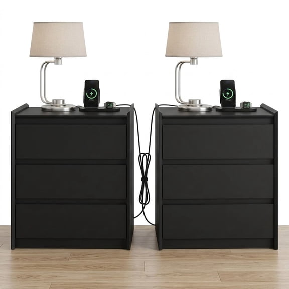 YAURA 2 Pack Black Nightstand with Charging Station, 24" Tall 3 Drawer Modern Bedside Table with Tray Top, USB & Type-C Ports and AC Outlets for Bedroom or Living Room