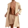 thumbnail image 1 of Holiday Clearance! Grrvtrz Mens Hooded Robe Satin Bathrobe with Shorts Set Silky Kimono Robe Sleepwear, 1 of 5