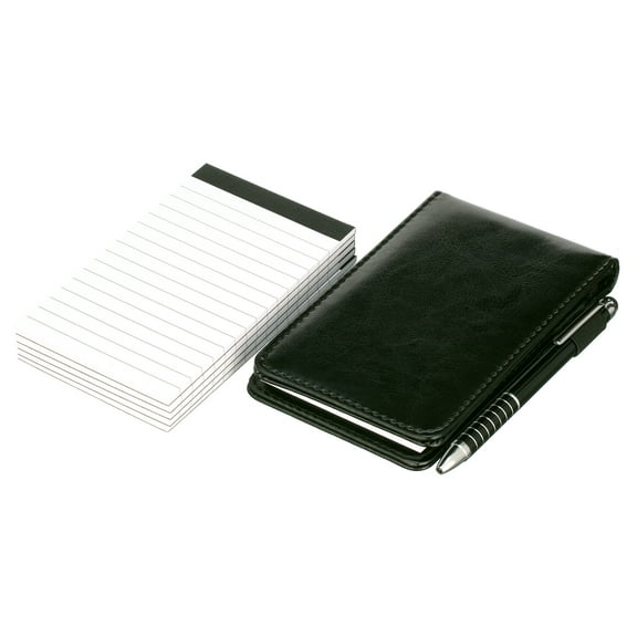 Mini Pocket Notepad Holder Set Metal Pen 50 Lined Sheets 5 Pieces 3 x 5 Inch Memo Book Refills, Black, 7 Pieces