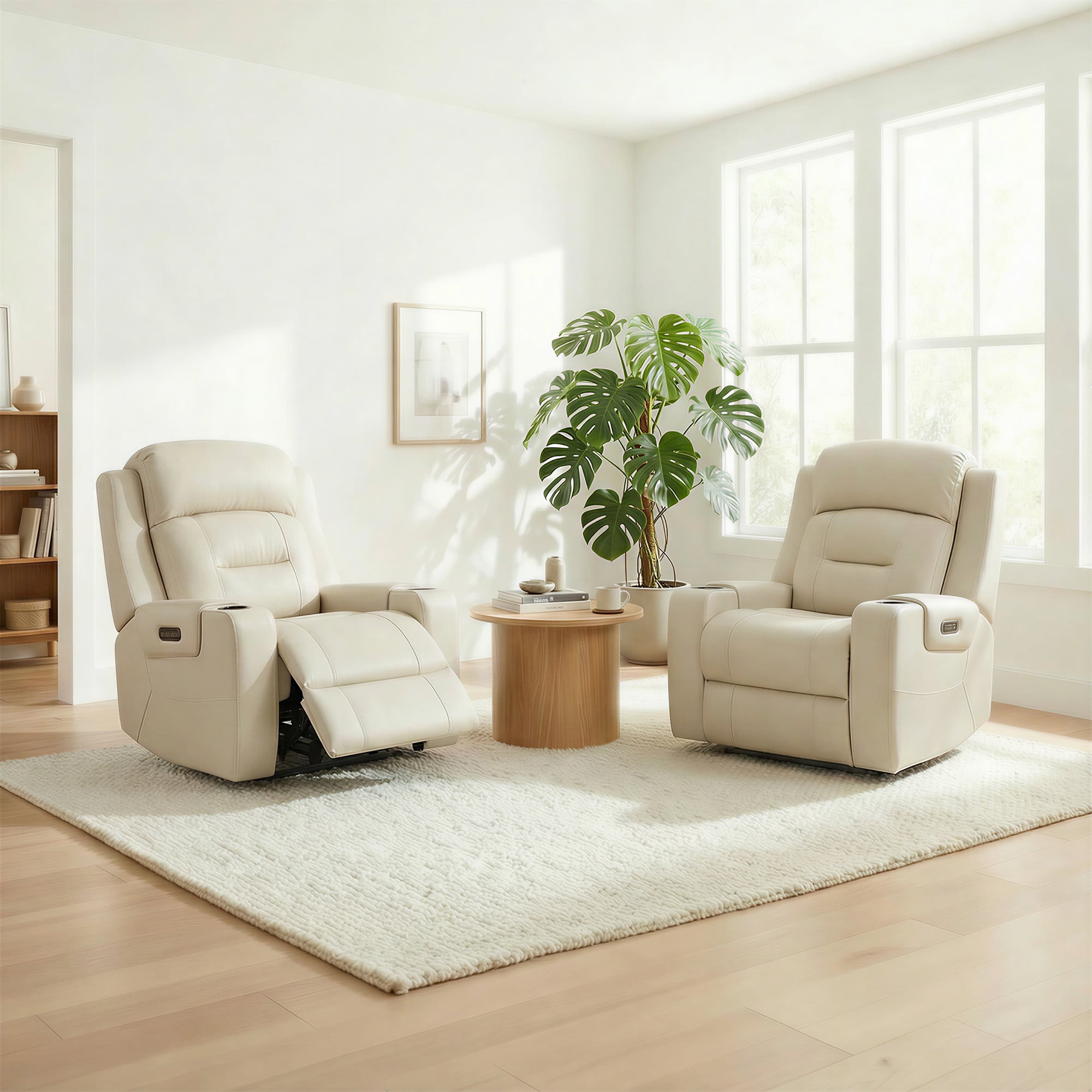 Spruce & Spring Lay-Flat Genuine Leather Power Recliner Chair with Headrest, Cream