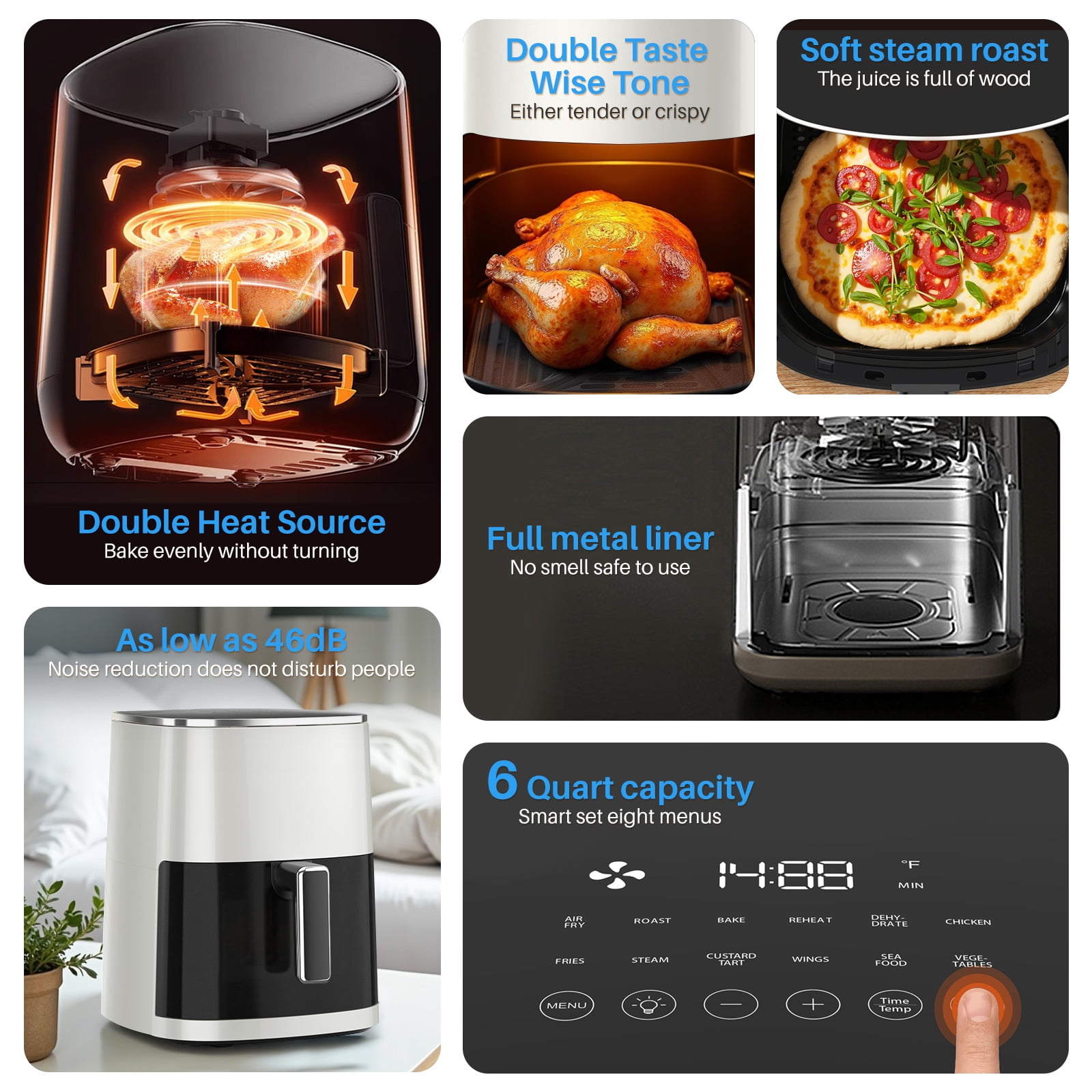 6 Qt Air Fryer, Sliver 12-in-1 Functions Air Fryer, Automatic Shutoff, Built-in Timer, Basket, Oil, Frying 400°F Max