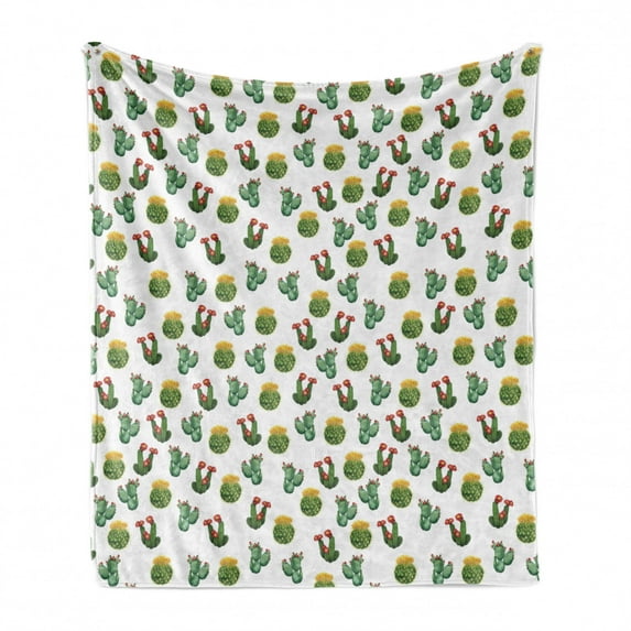 Plants Soft Flannel Fleece Throw Blanket, Floral Theme Watercolor Style Effect Illustration of Cactus and Suculent Prints, Cozy Plush for Indoor and Outdoor Use, 60" x 80", Green Yellow, by Ambesonne