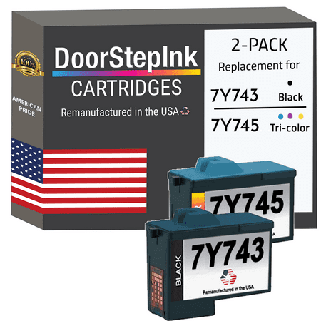 DoorStepInk High Yield Remanufactured Ink Cartridges for Dell Series 2 7Y743 Black and 7Y745 Tri-Color DoorStepInk Remanufactured in The USA High Yield Ink Cartridges for Dell Series 2 7Y743 Black and 7Y745 Tri-Color DoorStepInk Cartridge has been remanufactured in the USA using state-of-the-art technology under strict quality control to ensure the quality of all Dell inks at a high level. We remanufacture each cartridge to the highest quality standards to match OEM ink level  color  and performance guaranteed. DoorStepInk is a leader and award-winning recycler of inkjet cartridges. Our Dell ink cartridges allow pictures to come out sharp with strong details for a more realistic appearance and higher quality. Each one is remanufactured using the latest technology and customized equipment to produce the highest quality ink cartridges in the world. It s capable of delivering a wide range of colors. Each print from this black or tri-color ink cartridge will stay vibrant for a long time. This Inkjet Print Cartridge is also compatible with several different models. Key Features: Every cartridge is remanufactured in the USA Plug and print for brilliant  sharp  and high-quality printouts 100% satisfaction guaranteed Page Yield: Black 600/Color 450 Environmentally friendly ink cartridges The use of remanufactured printing supplies does not void your printer