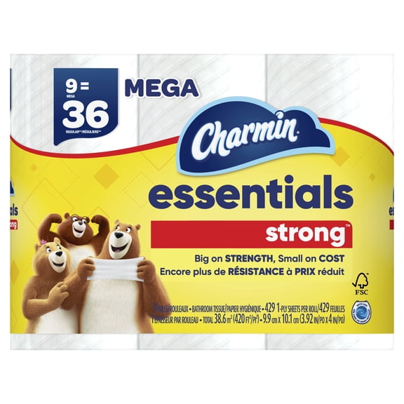 Charmin Essentials Strong Toilet Paper, 9 Mega Roll