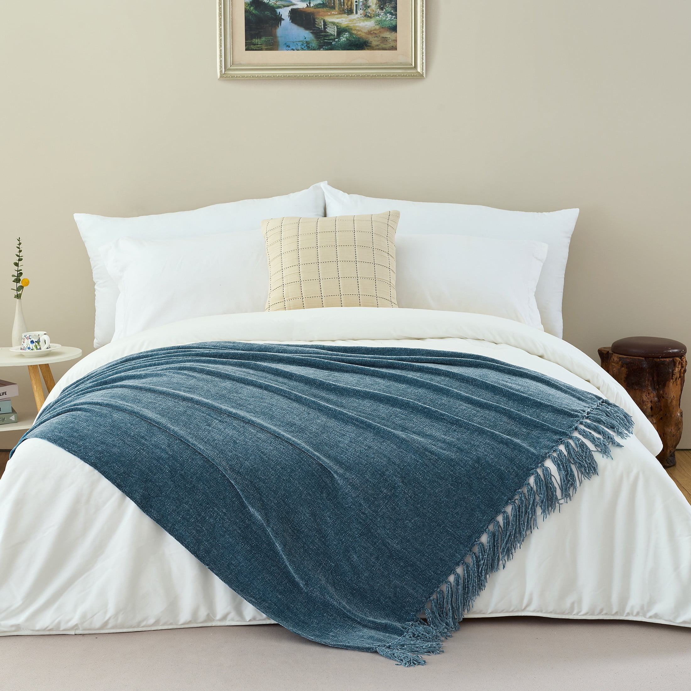 LONG CREATE Chenille Throw Blanket with Fringe Tassel for Couch Sofa Chair Bed, Dusty Blue 60" x 80"