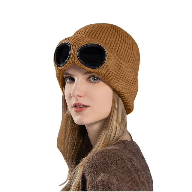 Sombreros de invierno para mujer, resistentes al viento, con gafas de esquí de punto y gorro de lana cálido.
