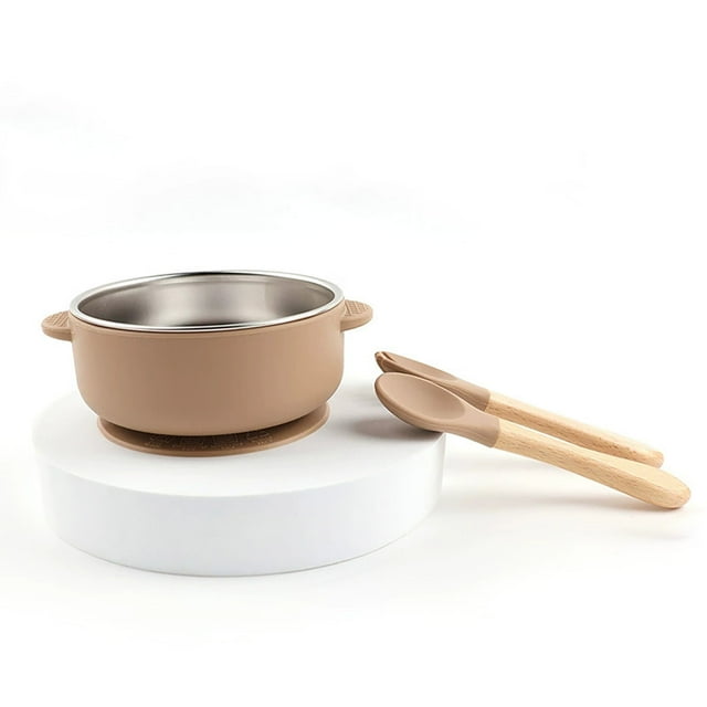 Ensemble de Couverts pour Enfants Kaki Bol Silicone de Qualité Alimentaire Doublure Intérieure en Acier Inoxydable Bol Alimentaire Ensemble de Trois Pièces