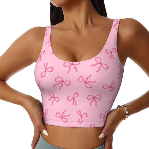 Balery Pink Bows Sujetadores deportivos con espalda cruzada para mujer, acolchados, sin costuras, de alto impacto, ideales para yoga, gimnasio, entrenamiento y fitness.-