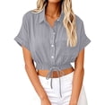 thumbnail image 4 of Women Casual Crop Short Sleeve Button Down Blouses Shirt Collar Loose Fit Shirt Gray XXL, 4 of 6