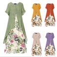 thumbnail image 3 of Primavera y verano nuevo vestido de dos piezas falso con cuello redondo estampado de algodón y lino, 3 of 5