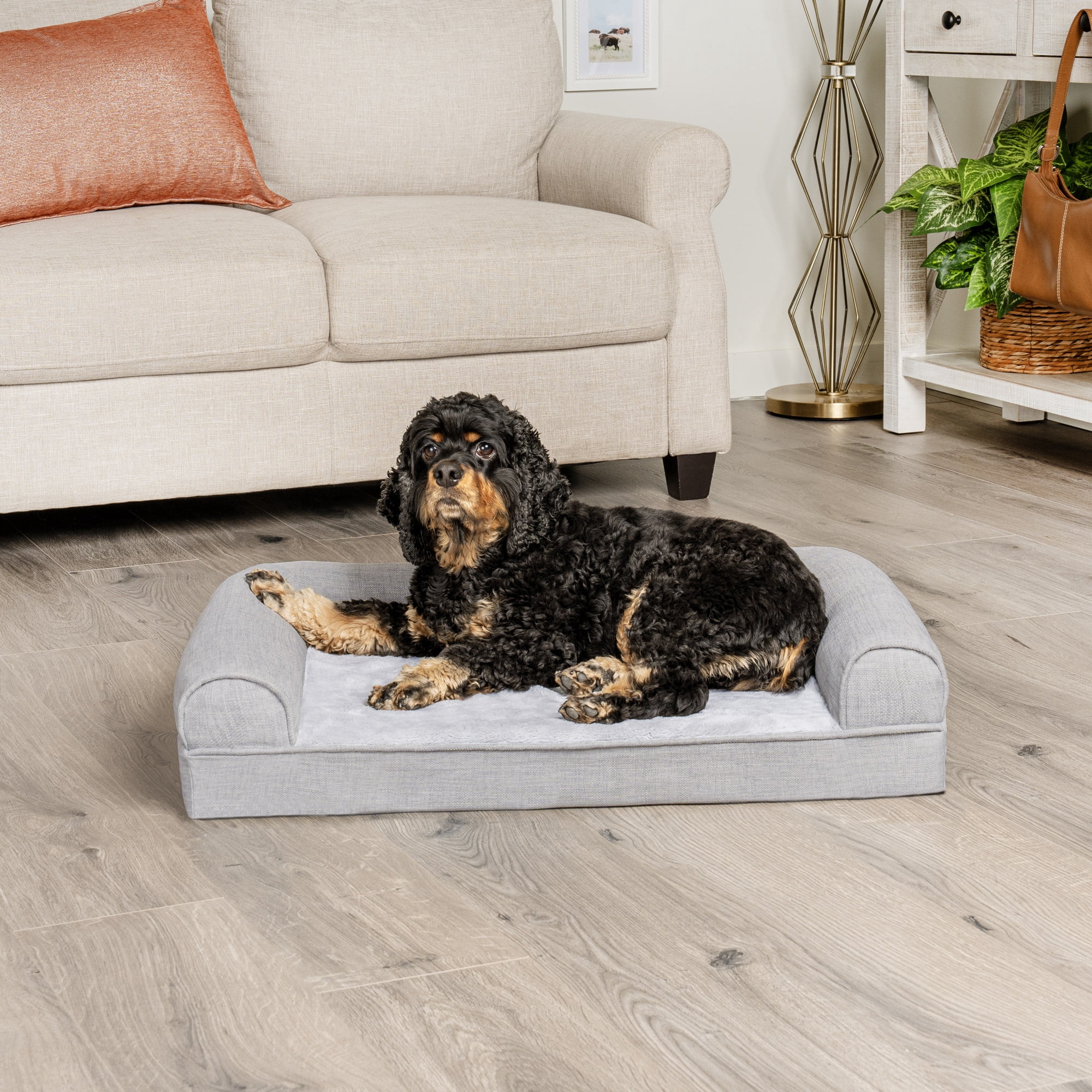 FurHaven Pet Products Plush & Performance Linen Orthopedic Sofa Pet Bed for Dogs & Cats - Mist Gray, Medium