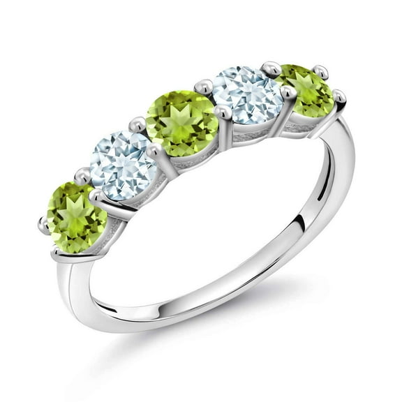 Gem Stone King 0.96 Cttw Green Peridot and Sky Blue Aquamarine Wedding Band Ring for Women | 925 Silver | Round 3.5MM | Gemstone Birthstone | Wedding Engagement Anniversary Promise Ring | Size 6