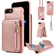 Nalacover RFID Blocking Wallet Case for iPhone 7/8/SE 2020/SE 2022, Shockproof PU Leather Magnetic Button Zipper Purse Card Slots & Kickstand Crossbody Phone Case with Shoulder & Wrist Strap,Rosegold