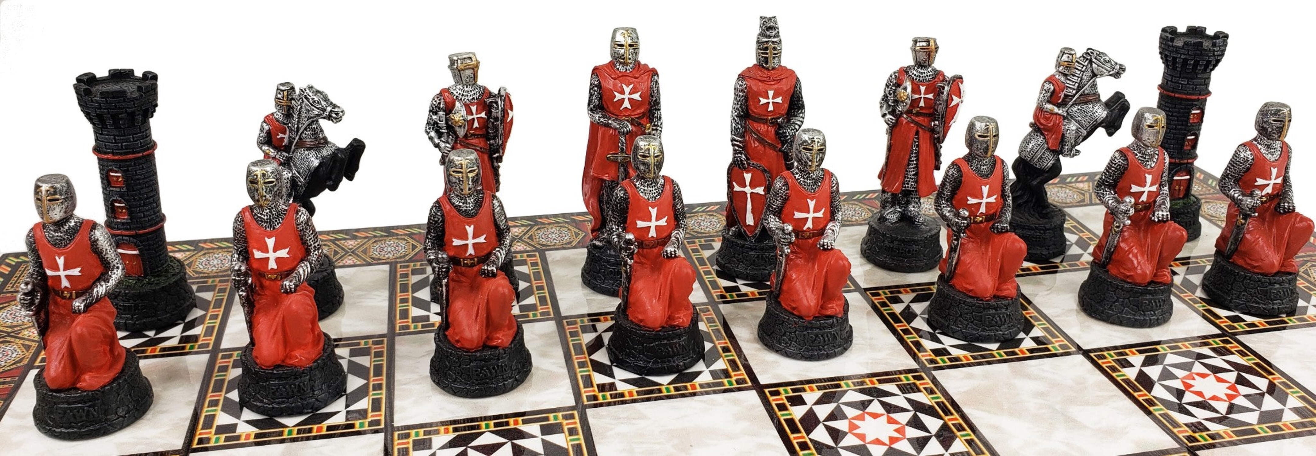 Medieval Times Crusades Red White Maltese Knight Chess Set 17" Mosaic Color BD