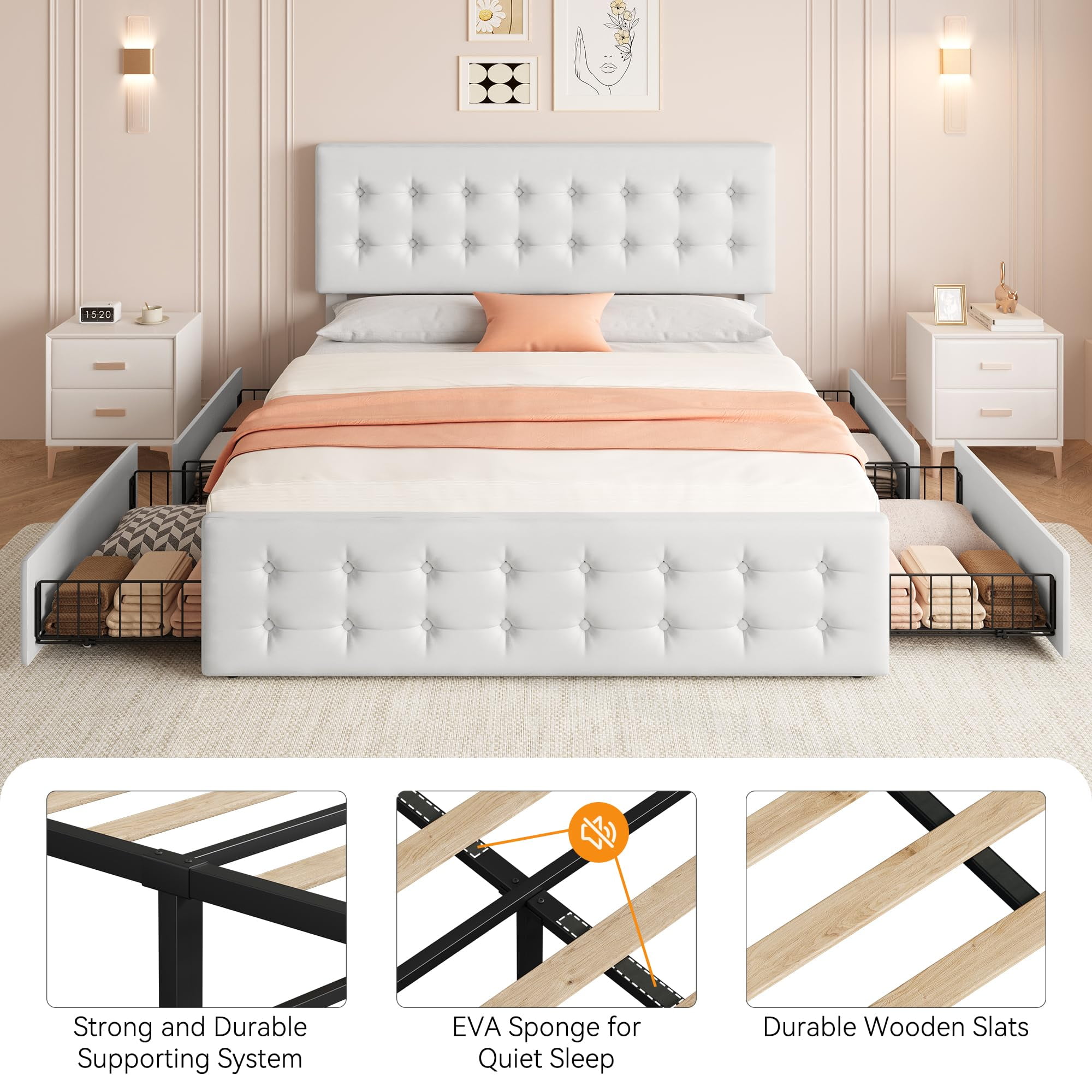 TROPOW King Size Bed Frame,with 4 Storage Drawers and Headboard, Linen Upholstered Platform Bed Frame with Wooden Slats Support, Button Tufted Design, No Box Spring Needed,White
