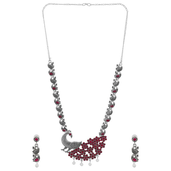 Crunchy Fashion Traditional Oxidised Silver Long Design Maroon Peacock Shape Necklace Set