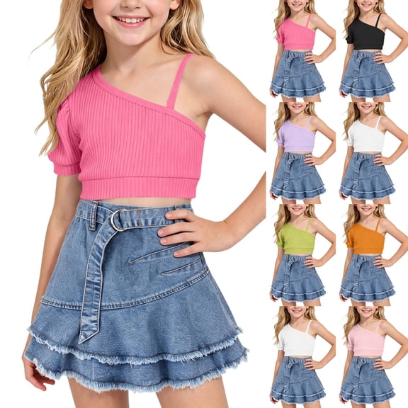 Auroural Toddler Girl Clothes Sets 2T Clothes Sets 2T Girls Children's Summer Solid Color Round Neck T-Shirt Short Skirt Two-Piece Set Kids
