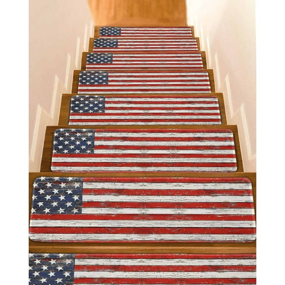 American Flag Stair Treads for Wooden Steps Indoor Runner Rug Carpet, Red Blue Star Stripes Rustic Farmhouse Wood 4 Pieces Peel and Stick Staircase Step Treads Covers Washable Throw Door Mats 30"x8"