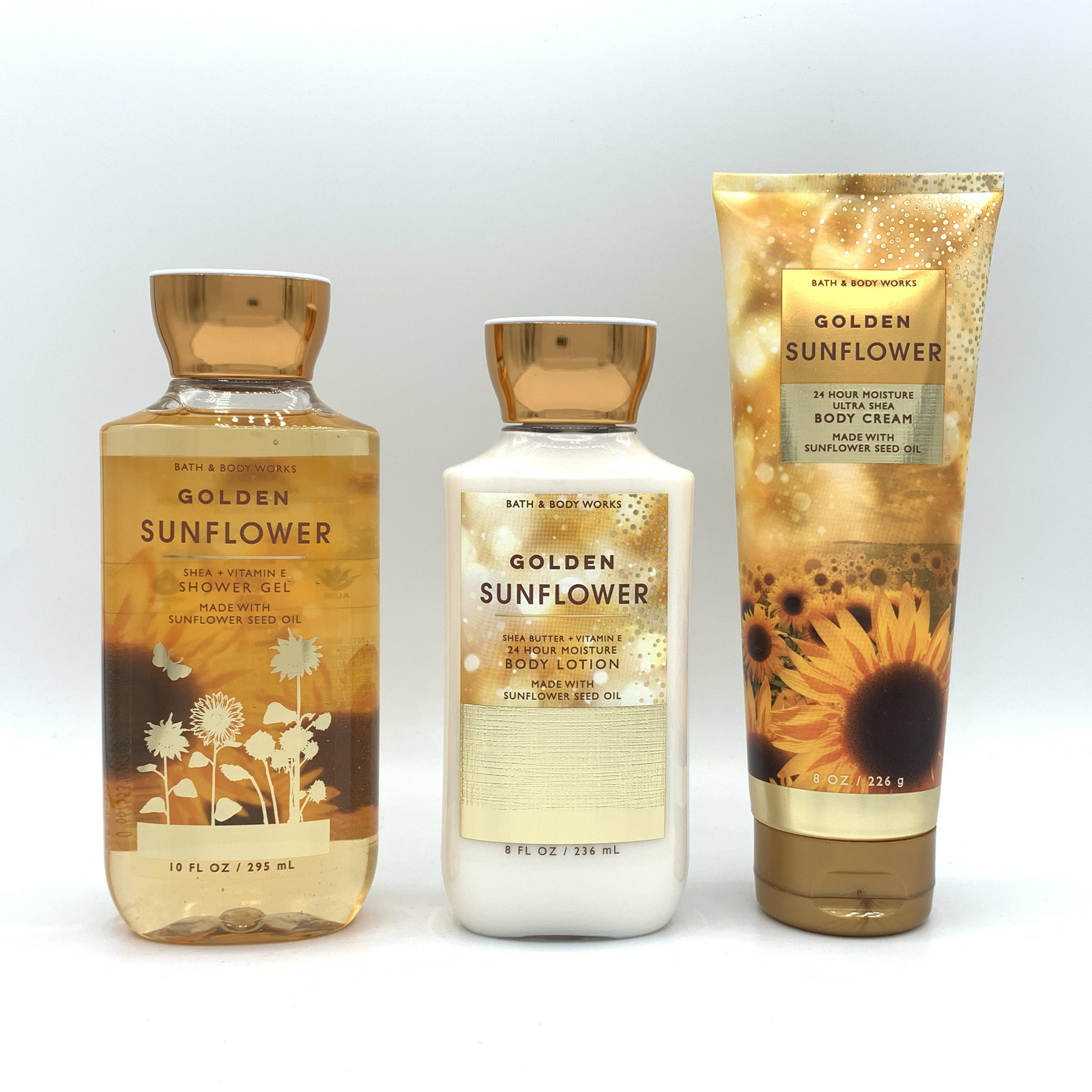 Bath and Body Works Golden Sunflower Shower Gel, Body Lotion and Body Cream 3Piece Bundle