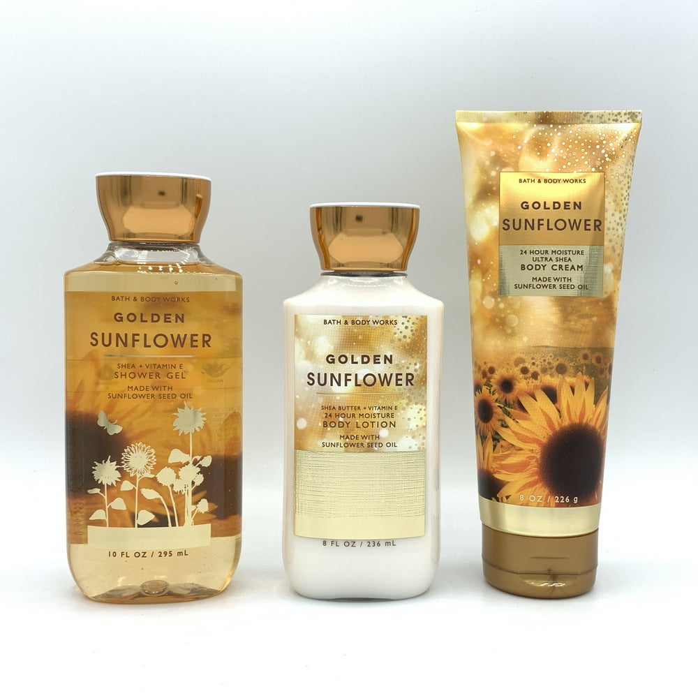 Bath and Body Works Golden Sunflower Shower Gel, Body Lotion and Body Cream 3Piece Bundle