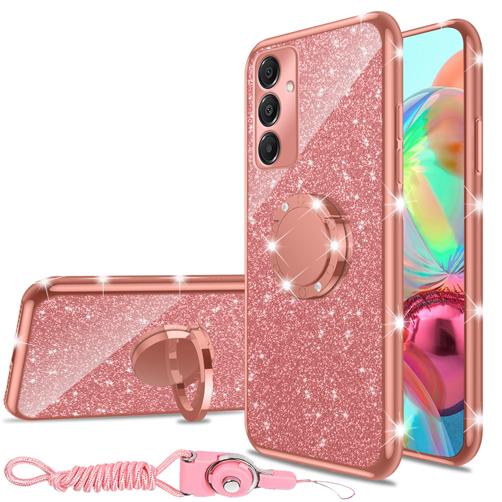 nancheng for Samsung Galaxy A16 5G Phone Case Girls Women Cute Glitter Luxury Soft Silicone Clear Cover with Ring Stand Strap Lanyard Shockproof Protection Case - Rose Gold