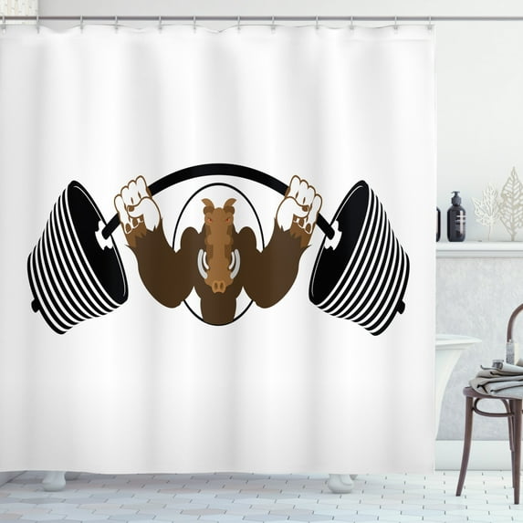 Razorback Shower Curtain, Sports Cartoon Strong Boar Animal Lifts a Barbell, Fabric Bathroom Set with Hooks, 69W X 70L Inches, Dark Cocoa Caramel Charcoal Grey and White, by Ambesonne