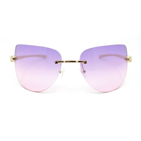 Rimless Oversized Curved Oceanic Lens Leopard Jewel Arm Sunglasses Gold - Purple Pink