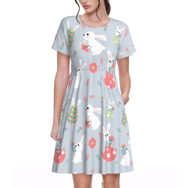 Balery Bunny cartoon with easter Vestidos sueltos de manga corta para mujer, vestidos de verano 2025, vestidos casuales de corte A con vuelo.