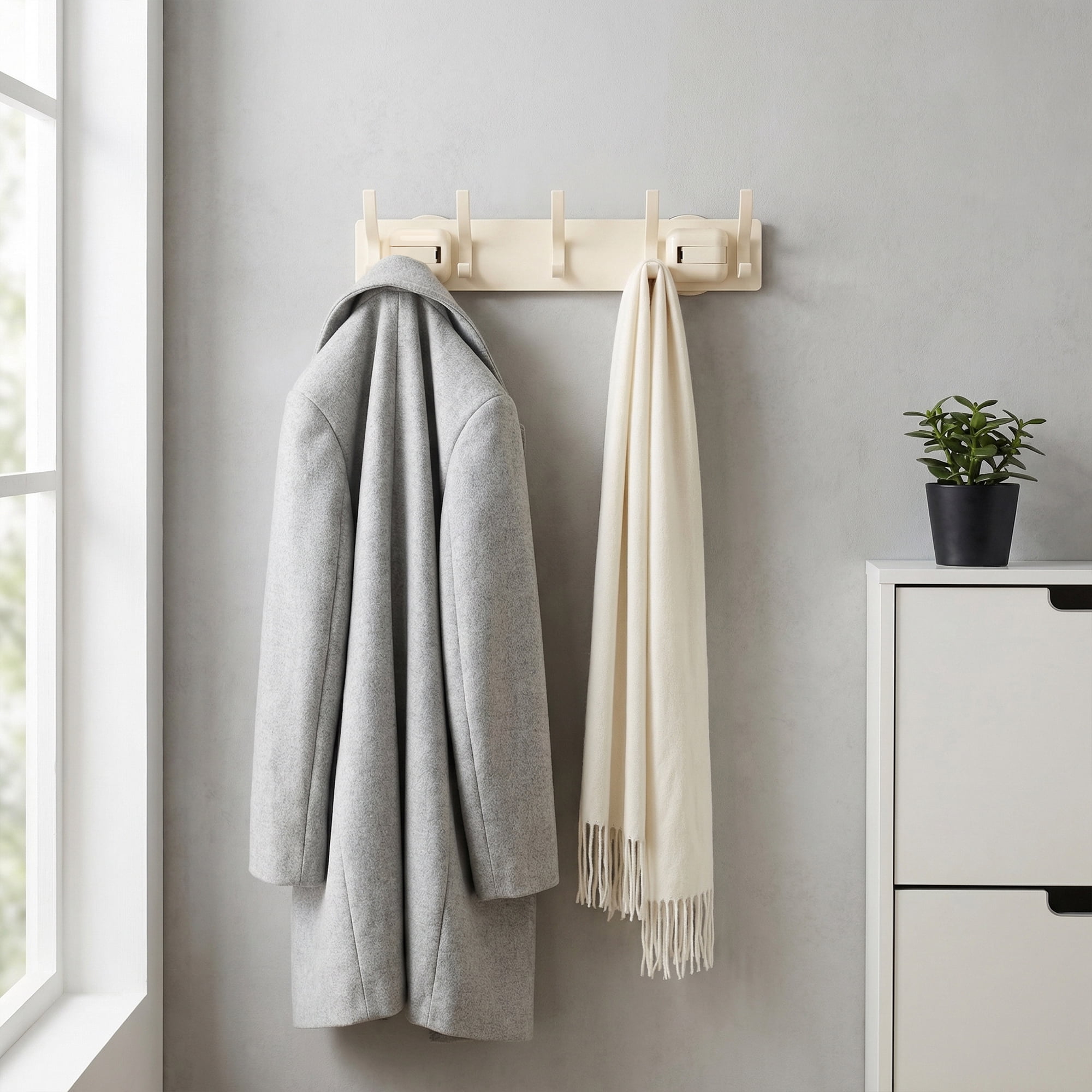 Unique Bargains Coat Rack Wall Mount Metal Suction Round 5 Hooks Rack White 13.2"x2.4"