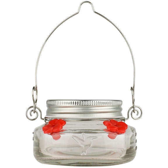 Nature's Way Hanging Glass Mason Jar Hummingbird Feeder for Outdoor Décor, 6 Ounce Nectar Capacity, 4 Easy To Clean Flexible Flower Ports, Clear