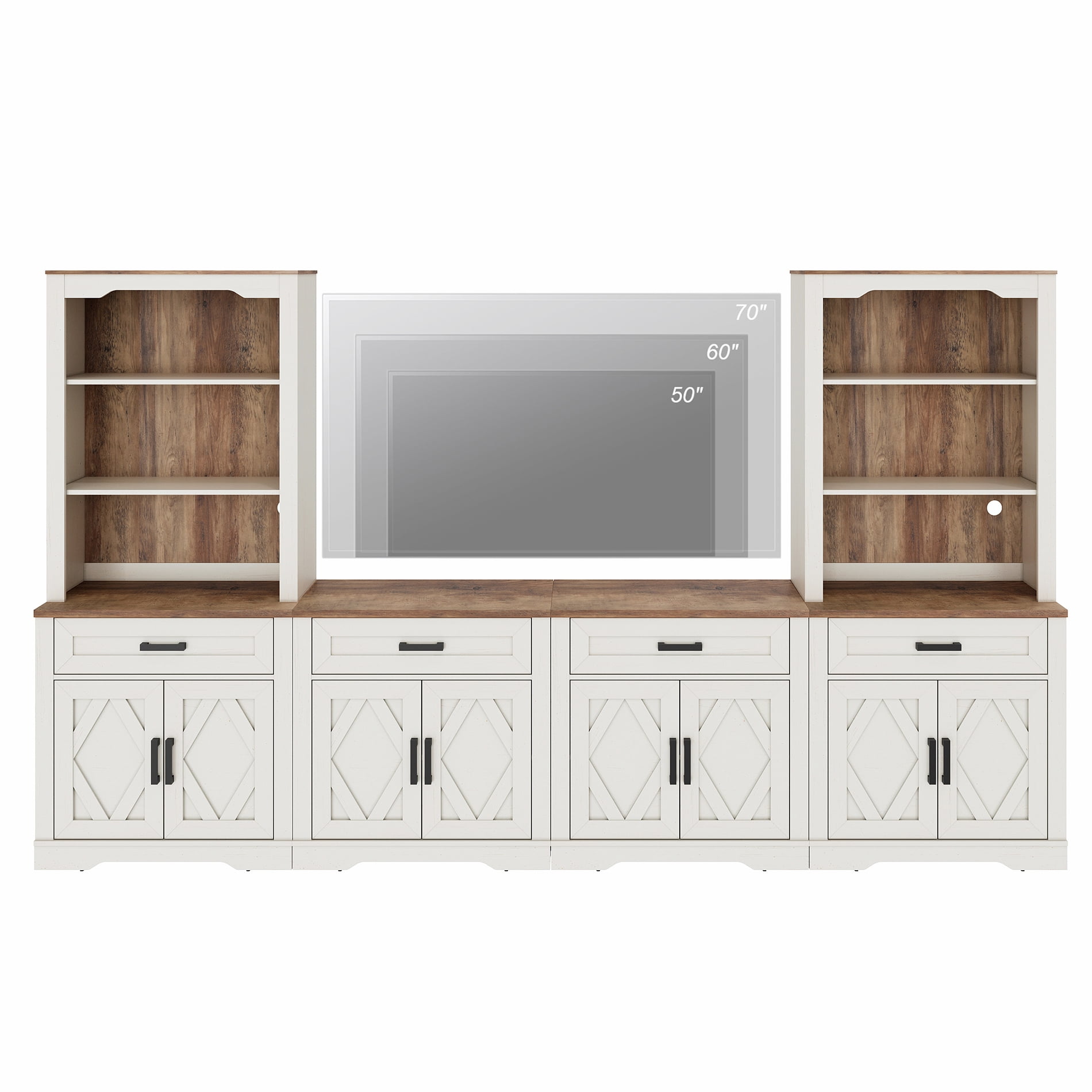 WAMPAT Farmhouse Entertainment Center with Bookshelf for TVs up to 70",Modern TV Stand with 73"H Tall 5-Tier Bookcase with Open Storage and Barn Doors for Living Room,Bedroom,Antique White