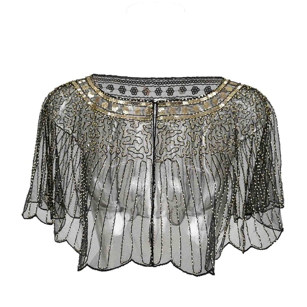 Chal de poliéster para mujer, estilo liso, con cuentas, lentejuelas y cordón, para noche
