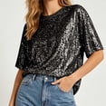 thumbnail image 6 of Stamzod Women's Sparkly Sequin Top Round Neck Short Sleeve Party Shirts Dressy Casual Tee Blouses Fashion Clothing Black E S, 6 of 8