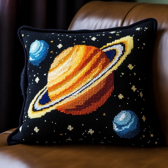 Planet Jupiter Space Latch Hook Pillow Kits for Beginner Needle Crochet Yarn Kits with Stamped Canvas Embroidery Cushion Hook and Latch Throw Pillow Christmas Decoration 43x43cm