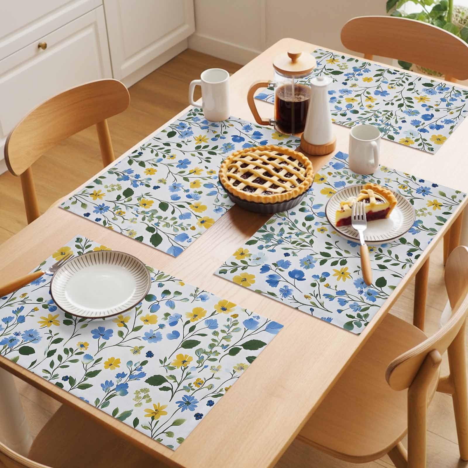 Placemat Set of 6 Yellow Blue Floral Leaf Placemats for Dining Table Wildflowers Plant Washable Table Mats for Kitchen and Party Decor Indoor & Outdoor Use