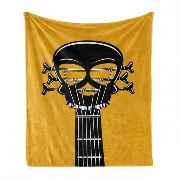 Rock and Roll Soft Flannel Fleece Throw Blanket, Guitar Riff with a Skull Passionate Music Heavy Tunes, Cozy Plush for Indoor and Outdoor Use, 70" x 90", Yellow Grey, by Ambesonne