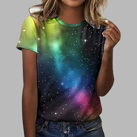 Tops for Women Plus Size under $5 Crewneck Short-Sleeved Printed T-Shirt Multicolor L