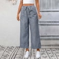 thumbnail image 4 of Duqingm Wide Leg Pants for Women Women's Striped Wide Leg Low Rise Linen Pants Drawstring Elastic Waist Long Trousers with Pockets Navy,M, 4 of 6