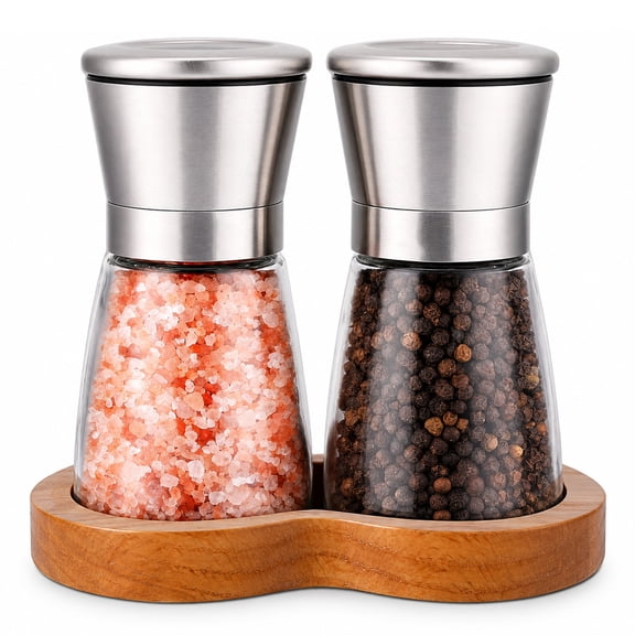 Salt and Pepper Grinder Set with Wooden Stand, Refillable Stainless Steel Glass Spice Mills with Adjustable Coarseness