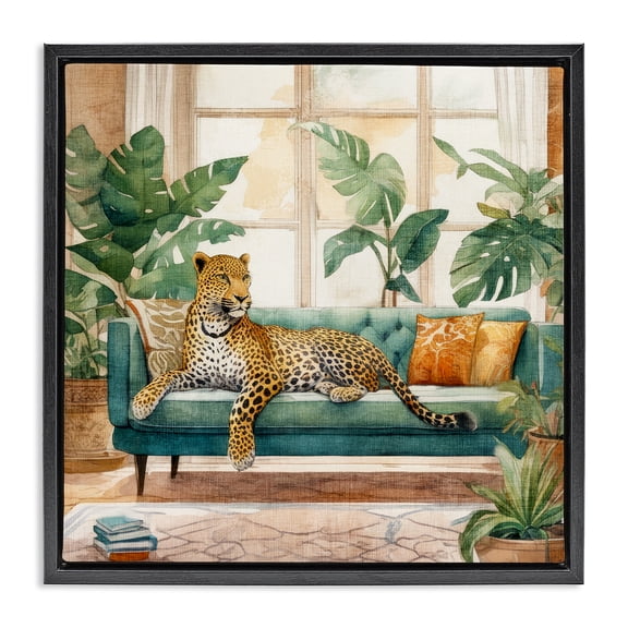 Stupell Industries Bohemian Leopard & House Plants Black Floating Frame Canvas Art, 18 x 18, by Kim Allen