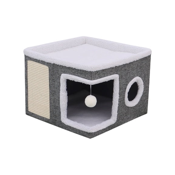 Hvmvliv Cat House Covered Cat Bed with Plush Balls Cats Play Sleeping Winter Warm Thicken Large Cat Beds for Indoor Cat Gray, 15.7x15.7 in