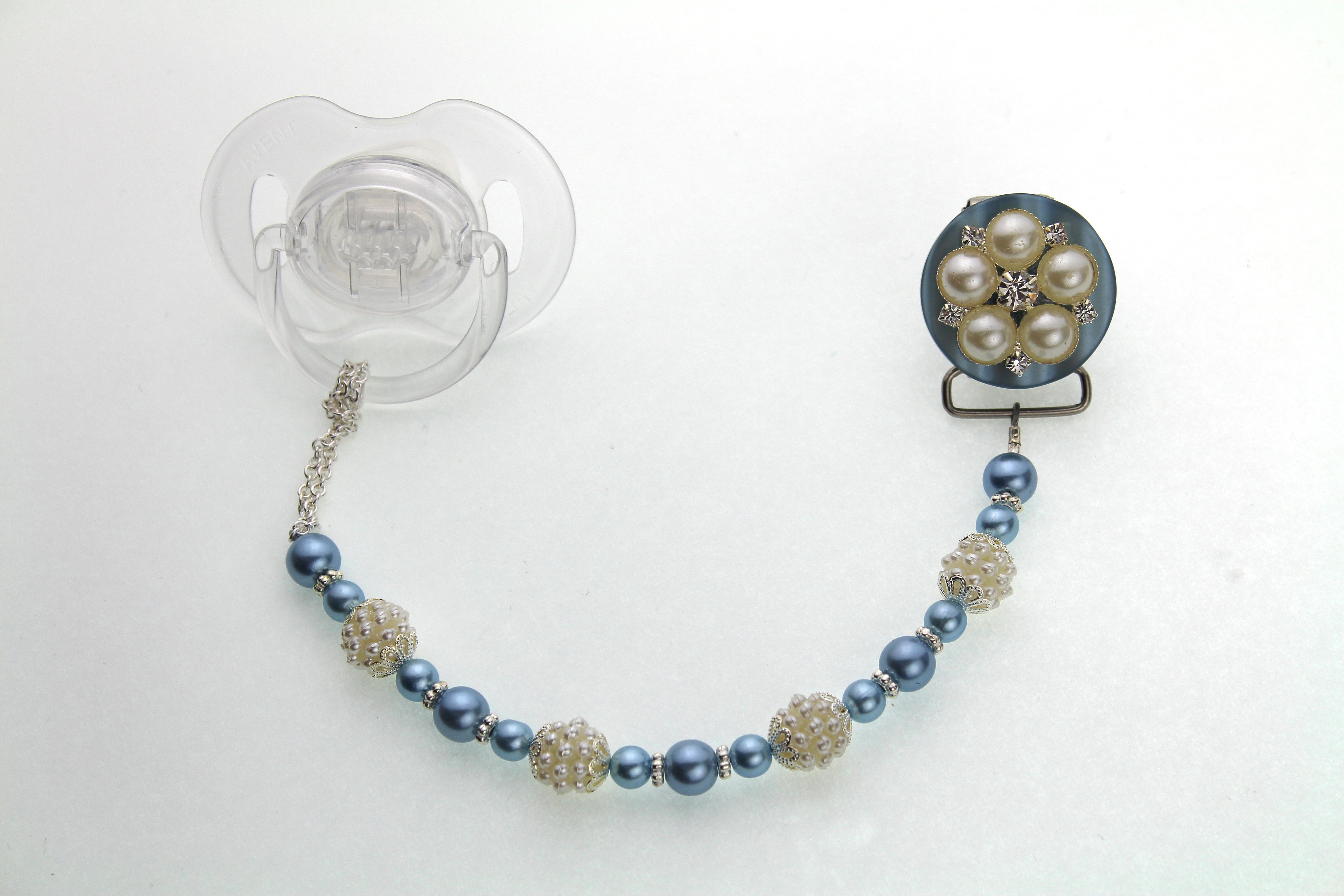 White Beaded Chamsa Eye Baby Pacifier Clip