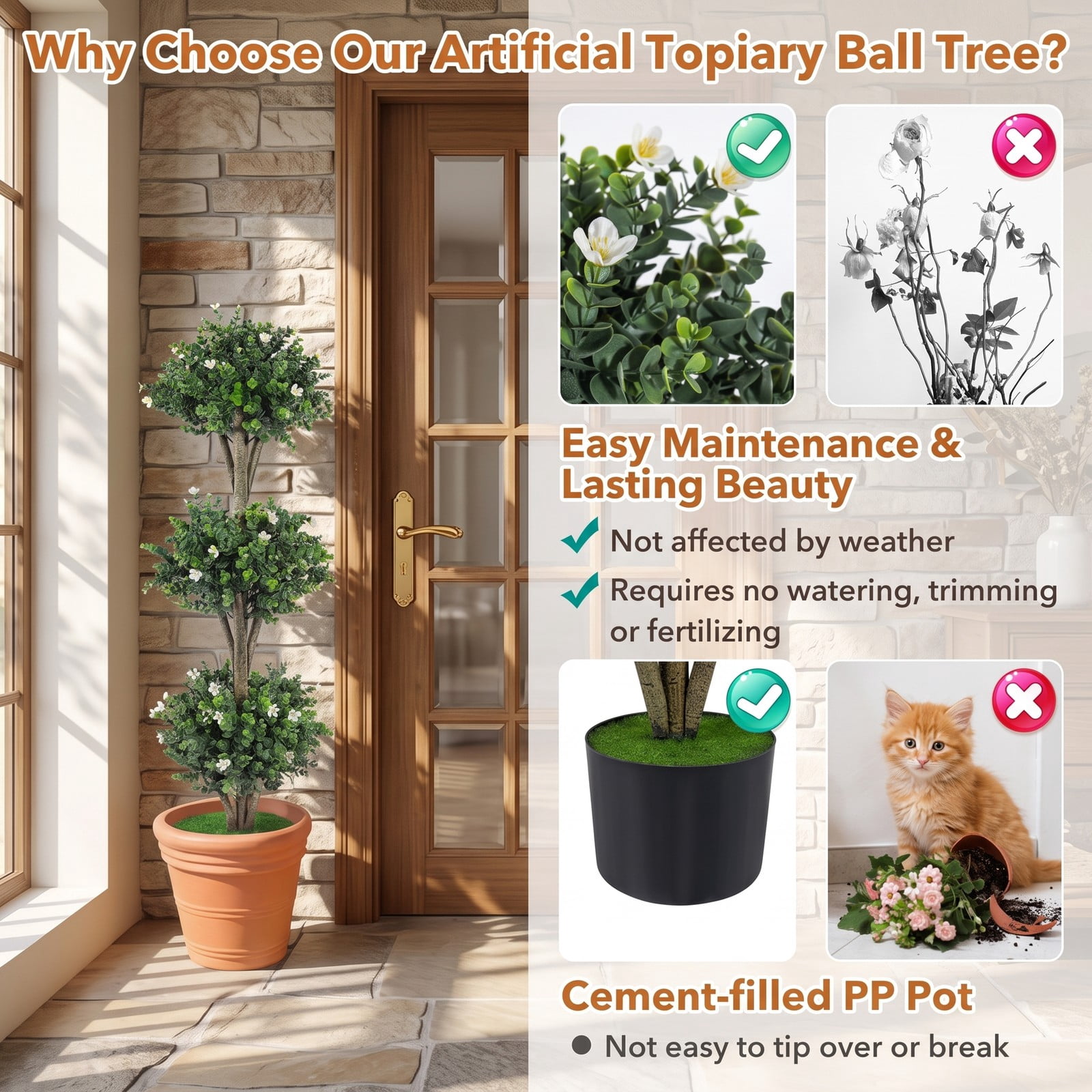 Fenbeli 51 Inch Artificial Triple Ball Boxwood Topiary Tree with 59 White Blossoms, Faux Potted Boxwood Plant with Cement-Filled Pot for Indoor Outdoor Front, White