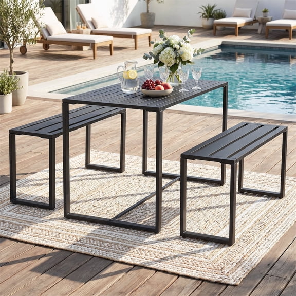 Ktaxon 3-Piece Outdoor Patio Bistro Set, Metal Dining Table with 2 Benches for Backyard Porch, 43.3in, Black