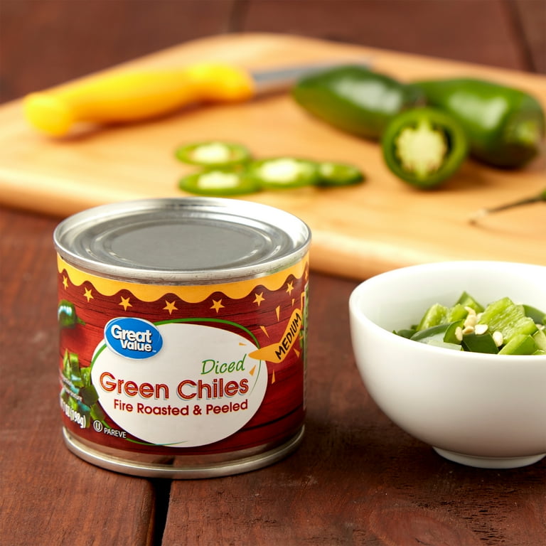 Great Value Canned Medium Diced Green Chiles, 7 oz, Fire Roasted